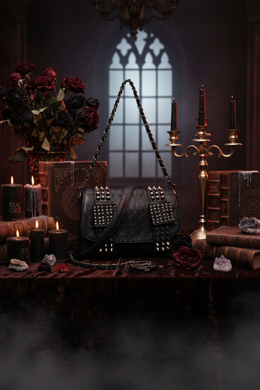 Black studded handbag on a white surface with a blurred background