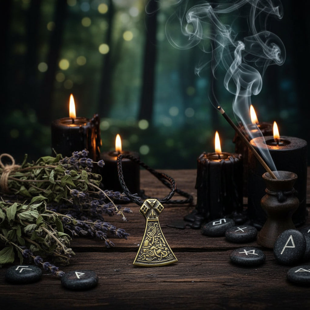 Decorative axe pendant on a leather cord against a rustic background