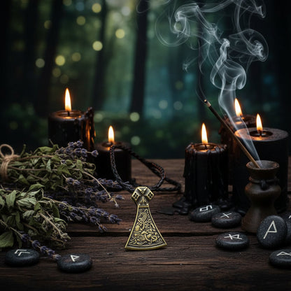 Decorative axe pendant on a leather cord against a rustic background
