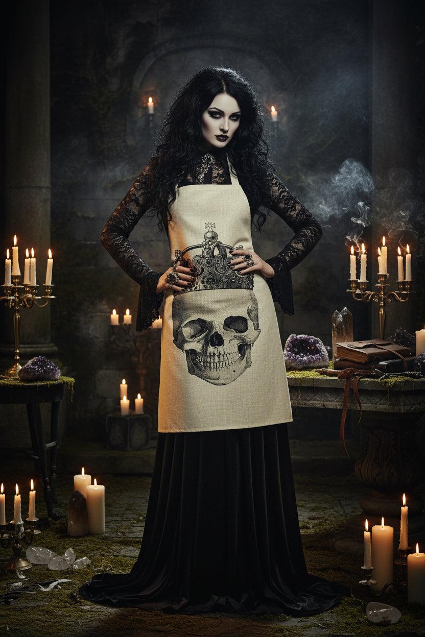 Beige apron with a skull wearing a crown design on a white background