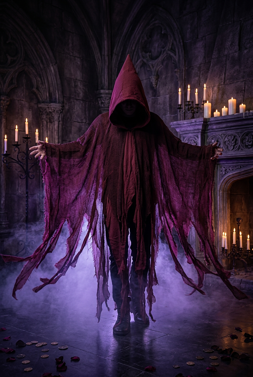 Maroon hooded cloak with long sleeves and fringes on a plain background