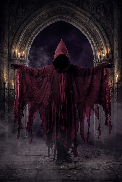 Maroon hooded cloak with long sleeves and fringes on a plain background