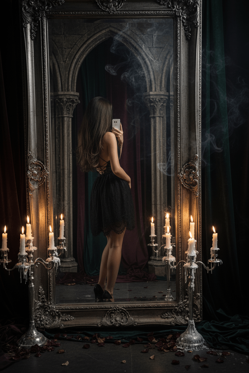 A woman takes a mirror selfie in a bedroom, wearing a black sleeveless dress with a sheer overlay and lace hem. The room features white walls, a white three-drawer dresser, and a large ornate white-framed mirror.