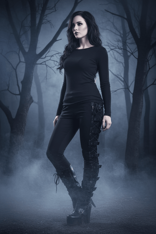 Black pants with lace-up design on a white background