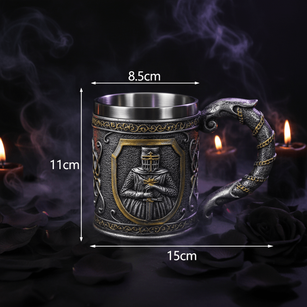 A medieval-style metal mug with a dragon-shaped handle and a knight emblem, shown with dimension lines indicating 11cm height, 8.5cm top diameter, and 15cm base diameter on a white background.