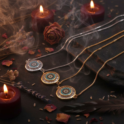 Three round evil eye pendant necklaces with silver, gold, and black chains on a dark background.