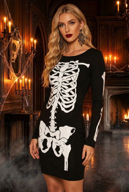A woman modeling a black long-sleeve mini dress with a large white skeleton print on the front, shown against a plain white background.