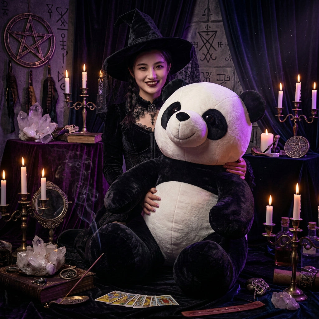 A smiling woman sits on a patterned floor mat next to a very large plush panda toy in a bright indoor room.