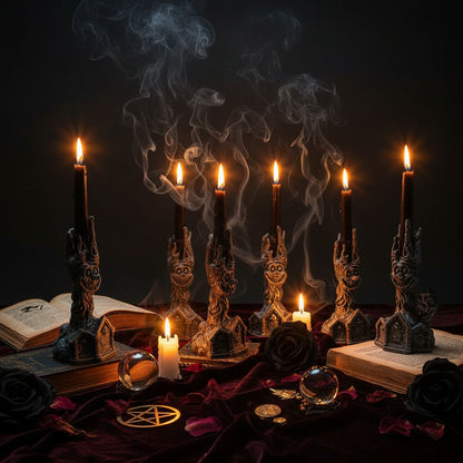 Decorative candle holder with intricate design and a small house-like structure, shown from different angles.