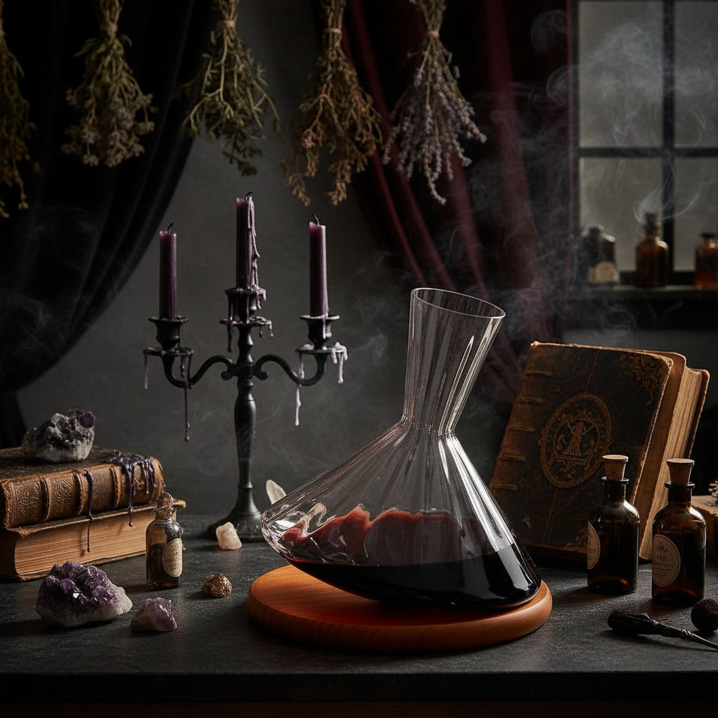 Clear wine decanter with red wine on a wooden base, blurred background of a dining setting.