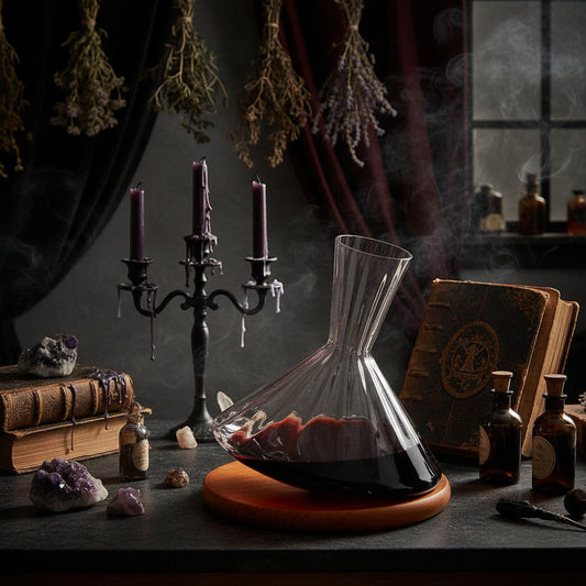 Clear wine decanter with red wine on a wooden base, blurred background of a dining setting.