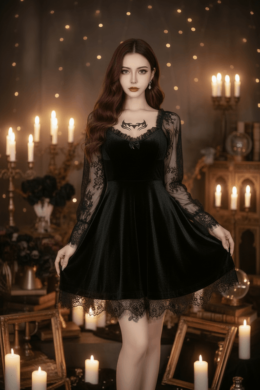 A model wearing a black velvet and lace Lolita-style dress, posing in front of a white cabinet decorated with gothic props.