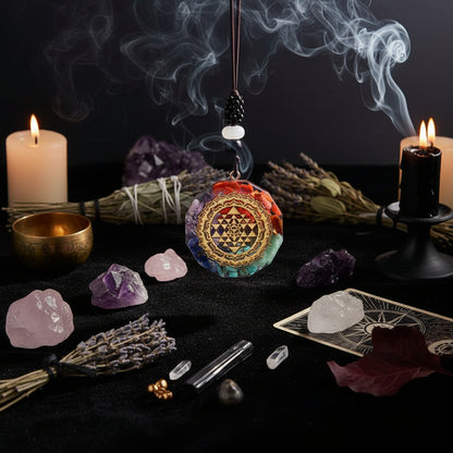 Decorative pendant with intricate design on a dark background
