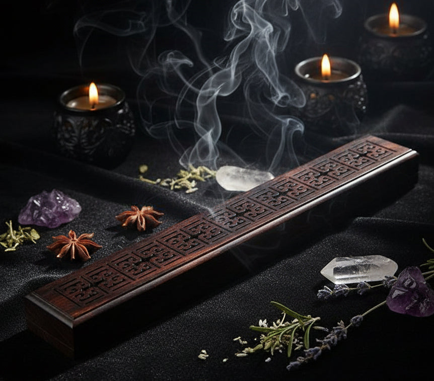 Wooden incense stick holder with dimensions labeled on a white background