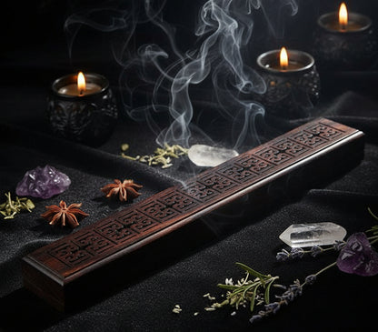Wooden incense stick holder with dimensions labeled on a white background