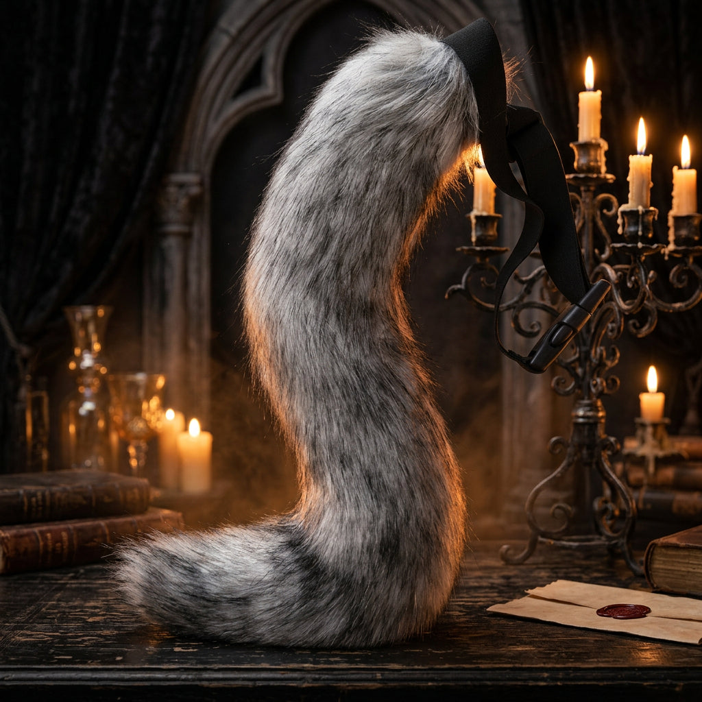 Gray faux fur tail with a black strap on a white background