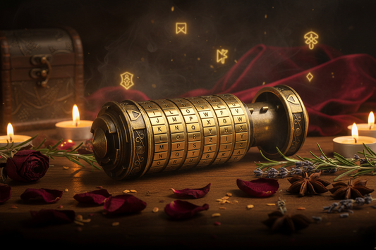 A vintage-style mechanical combination lock cylinder with brass-colored rings and engraved alphabet letters, resting on a wooden surface in a dark, atmospheric setting.