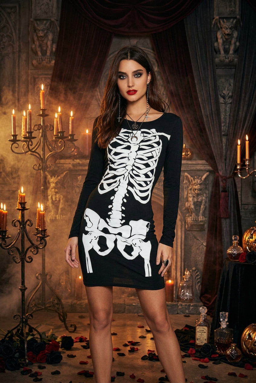 A woman modeling a black long-sleeve mini dress with a large white skeleton rib cage and pelvis graphic on the front, set against a plain white background.