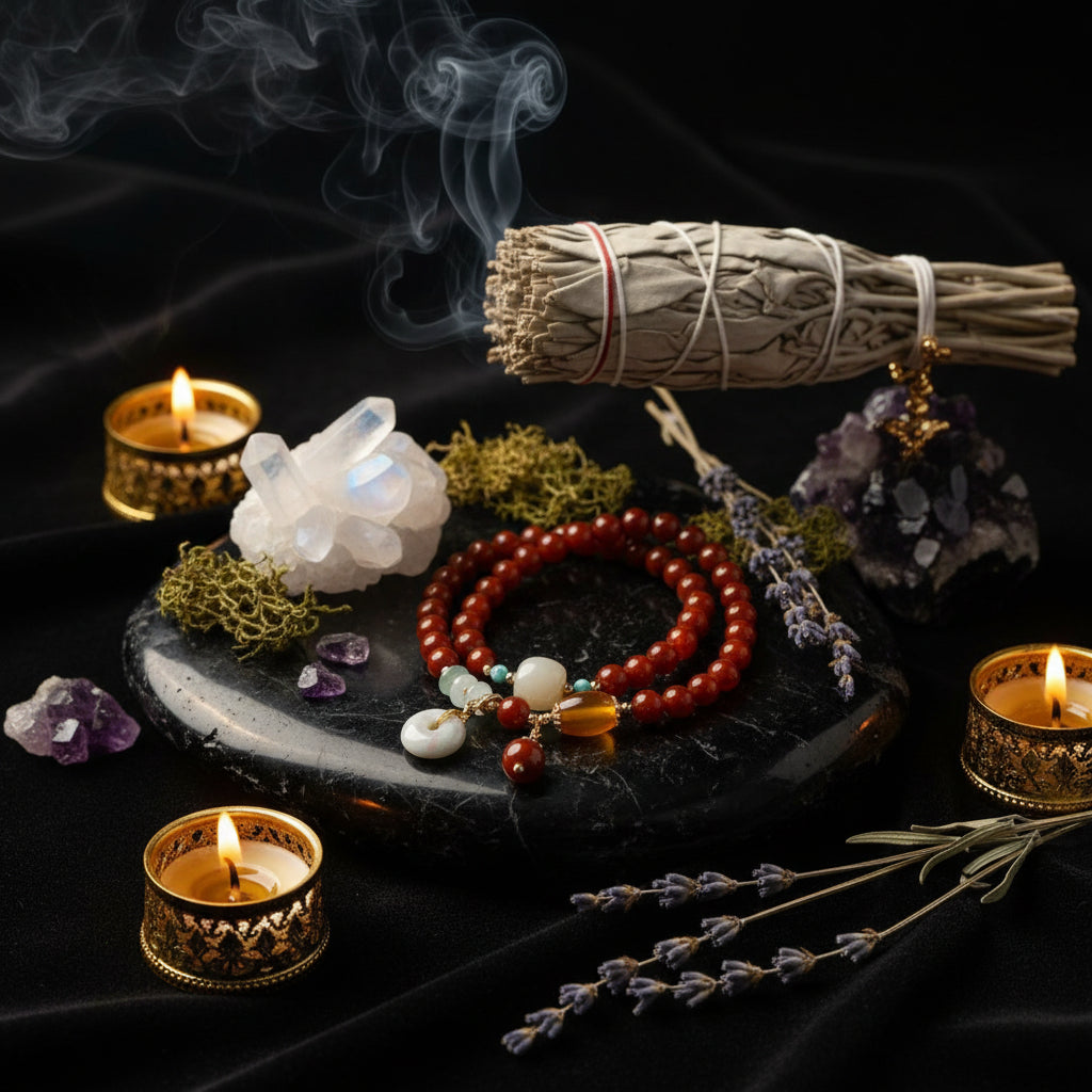 Beaded bracelet with decorative elements on a wooden stand with a natural background
