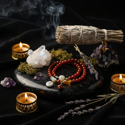 Beaded bracelet with decorative elements on a wooden stand with a natural background
