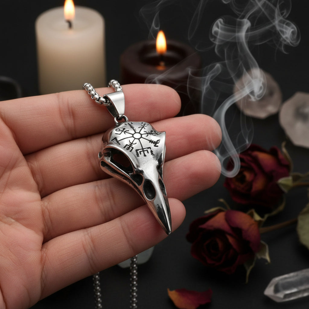 A silver-toned raven skull pendant necklace with engraved symbols, held in a person's hand against a plain white background.