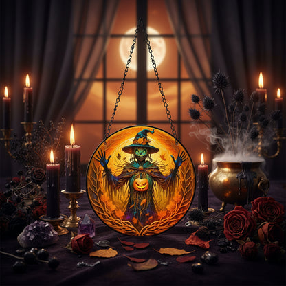 Round hanging Halloween suncatcher featuring a scarecrow with a glowing green skull face, orange hat and scarf, and a jack-o'-lantern, shown against a gray sky with bare tree branches.