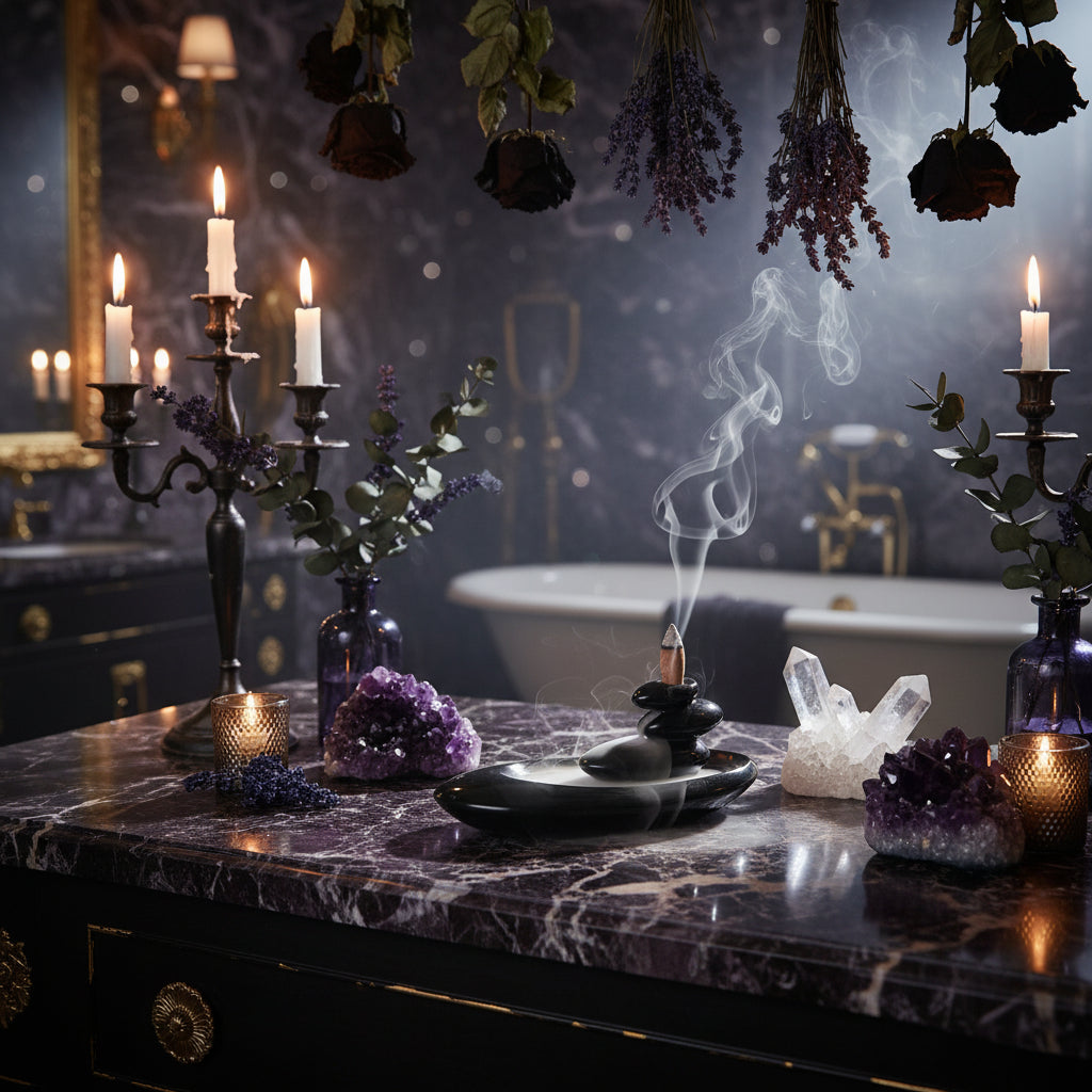 Black stone-like incense burner with a lit incense stick on a wooden surface.