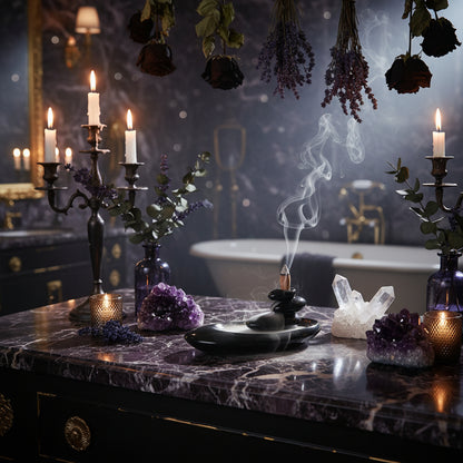 Black stone-like incense burner with a lit incense stick on a wooden surface.
