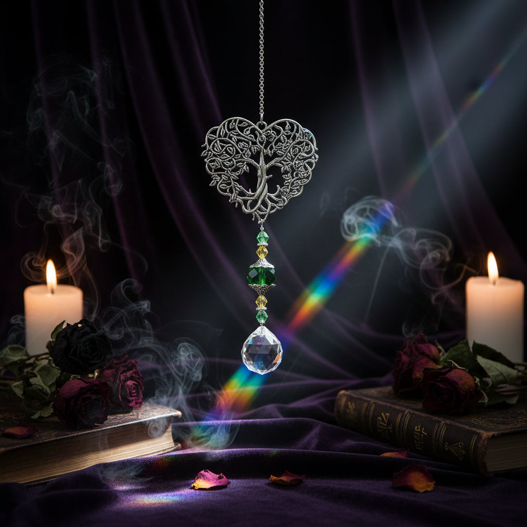 Decorative hanging heart-shaped ornament with crystals in a garden setting