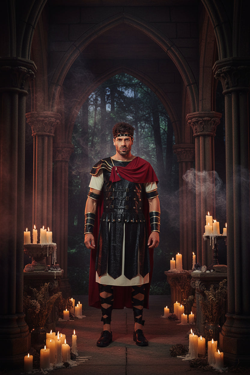 Man wearing a Roman gladiator costume with a red cape on a white background