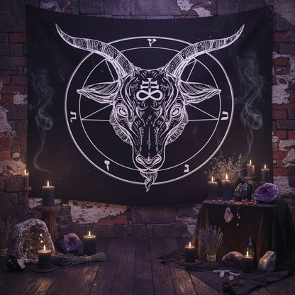 Black tapestry with white goat head design hanging on a wall.