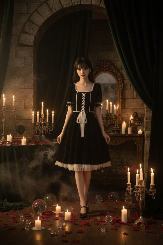 Woman in a black and white dress standing in front of a piano