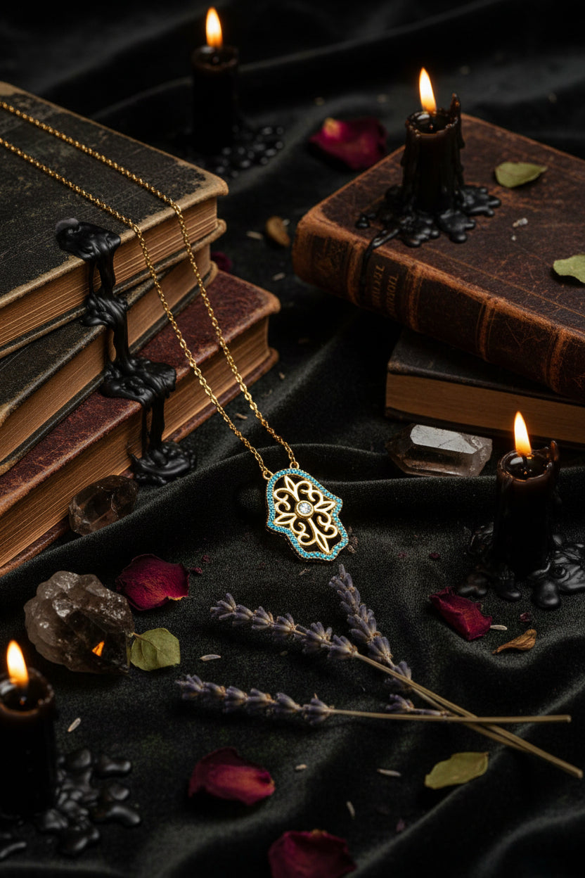 Gold hamsa hand pendant necklace with blue gemstone accents and a central clear stone, shown on a textured dark blue background.