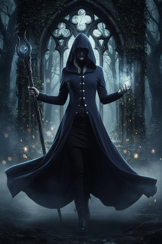 Navy blue hooded coat on a white background