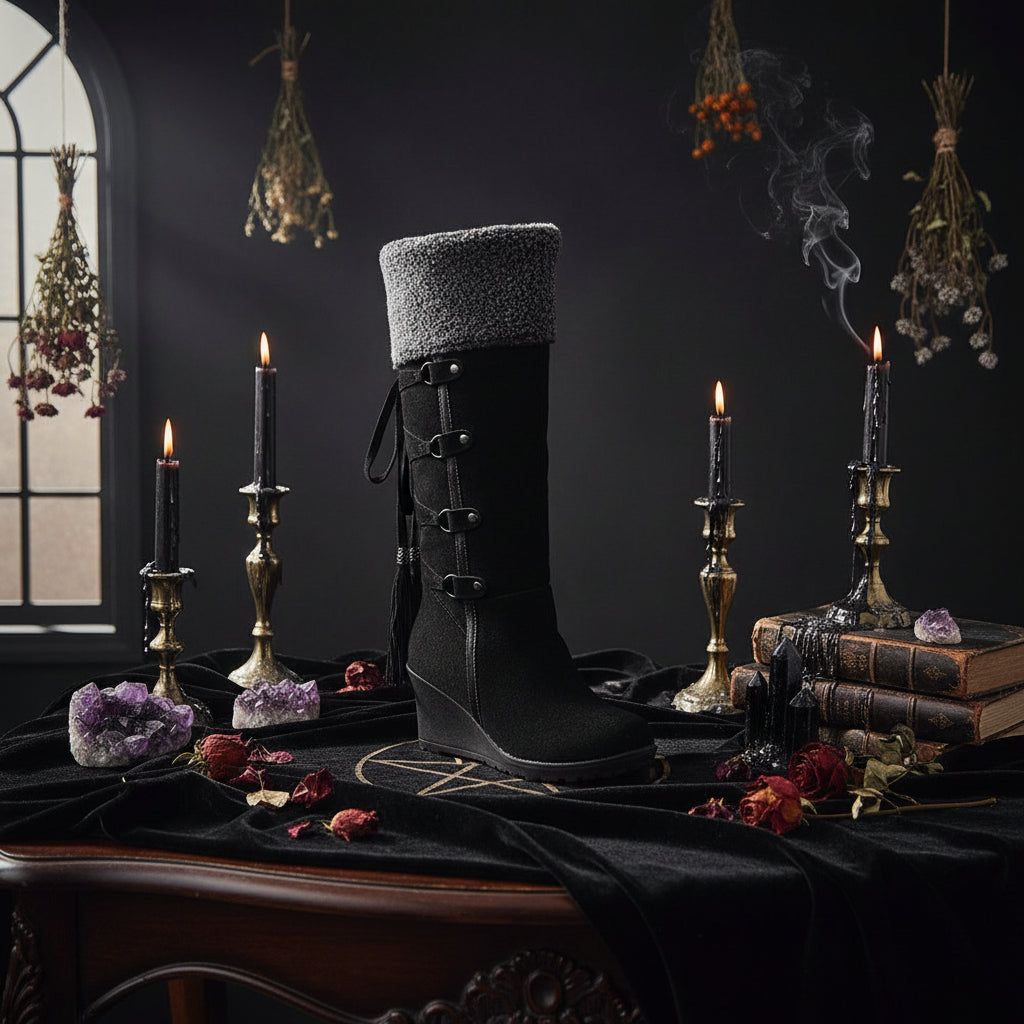 A black mid-calf wedge boot with a gray textured faux-fur collar, side laces, and silver-tone metal eyelets, shown against a plain white background.