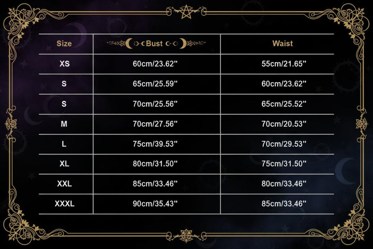 A size chart table showing measurements for sizes XS through XXXL, with columns labeled Size, Bust, and Waist in both centimeters and inches.