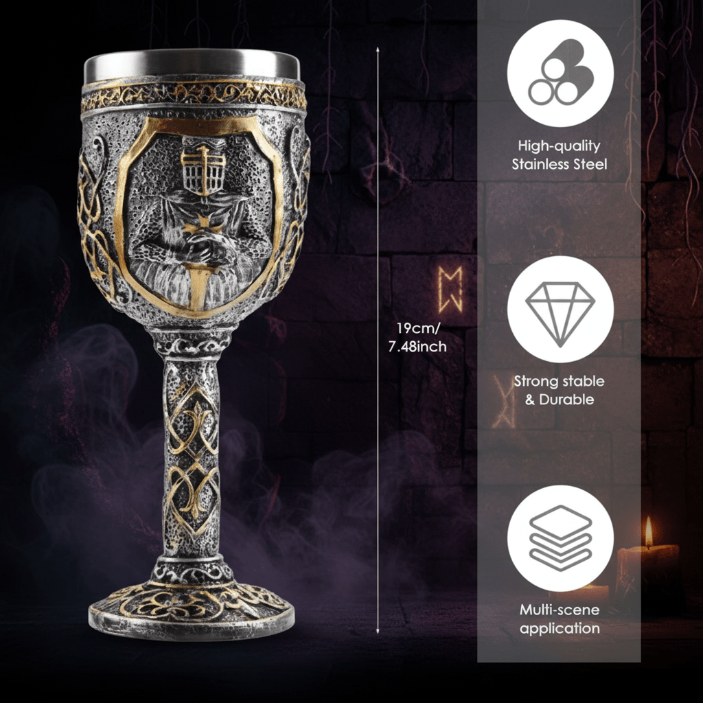 An ornate medieval-style goblet or chalice made of silver-toned metal with gold accents and a raised crest on the bowl, shown next to a gray feature panel listing high-quality stainless steel, strong stability, and multi-scene application.