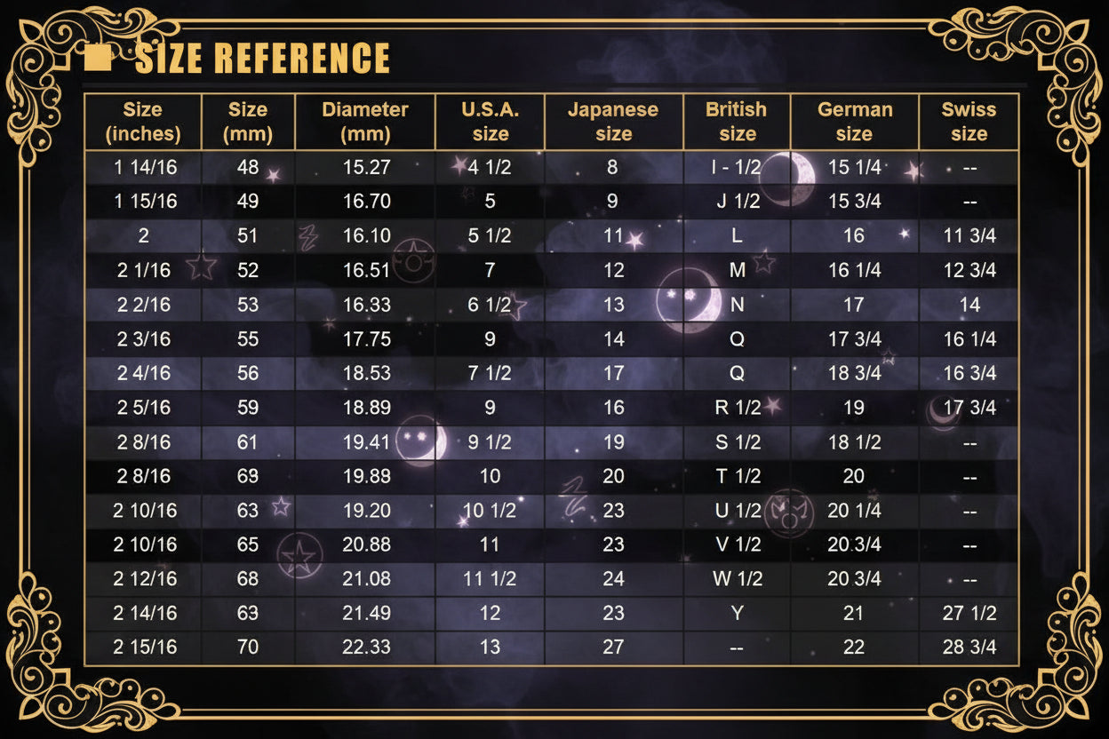 A size reference chart table showing conversions between inch measurements and labels such as U.S.