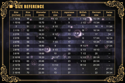 A size reference chart table showing conversions between inch measurements and labels such as U.S.