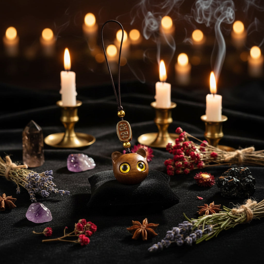 A hand holds a wooden cat-shaped pendant charm with yellow eyes and a carved metal spacer bead, against a background of green leaves.