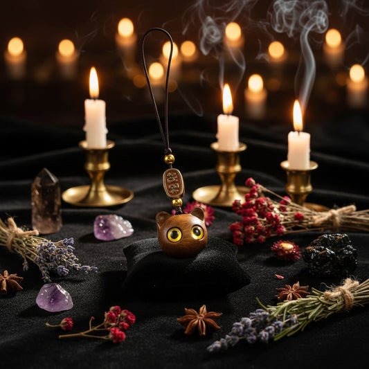 A hand holds a wooden cat-shaped pendant charm with yellow eyes and a carved metal spacer bead, against a background of green leaves.