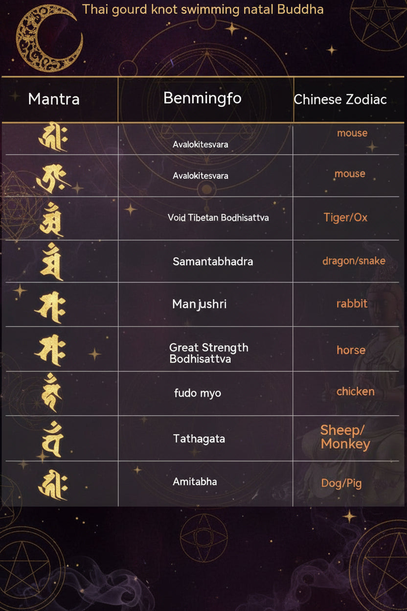 A reference chart titled 'Thai gourd knot swimming natal Buddha' showing a table with Mantra, Benmingfo, and Chinese Zodiac columns. The chart lists various mantras such as Avalokitesvara, Void Tibetan Bodhisattva, Samantabhadra, Manjshri, Great Strength Bodhisattva, fudo myo, Tathagata, and Amitabha, each paired with a corresponding zodiac animal in red text.