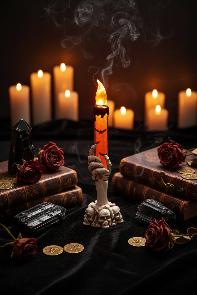 Skeleton hand holding a candle with Halloween decorations in the background