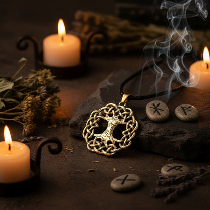 A gold-toned Tree of Life pendant necklace with a black braided cord, shown against a plain white background.