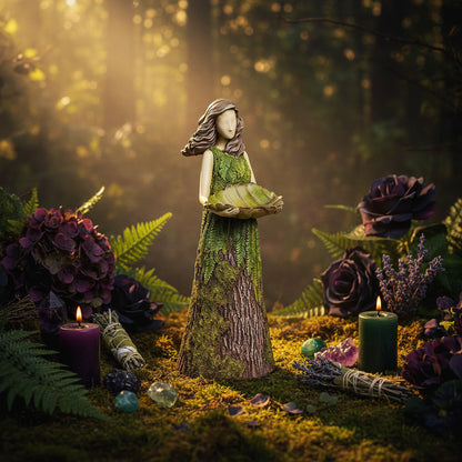 Frost Standing Girl Statue with Bird Feed Bowl Decor Sorceress Sanctuary