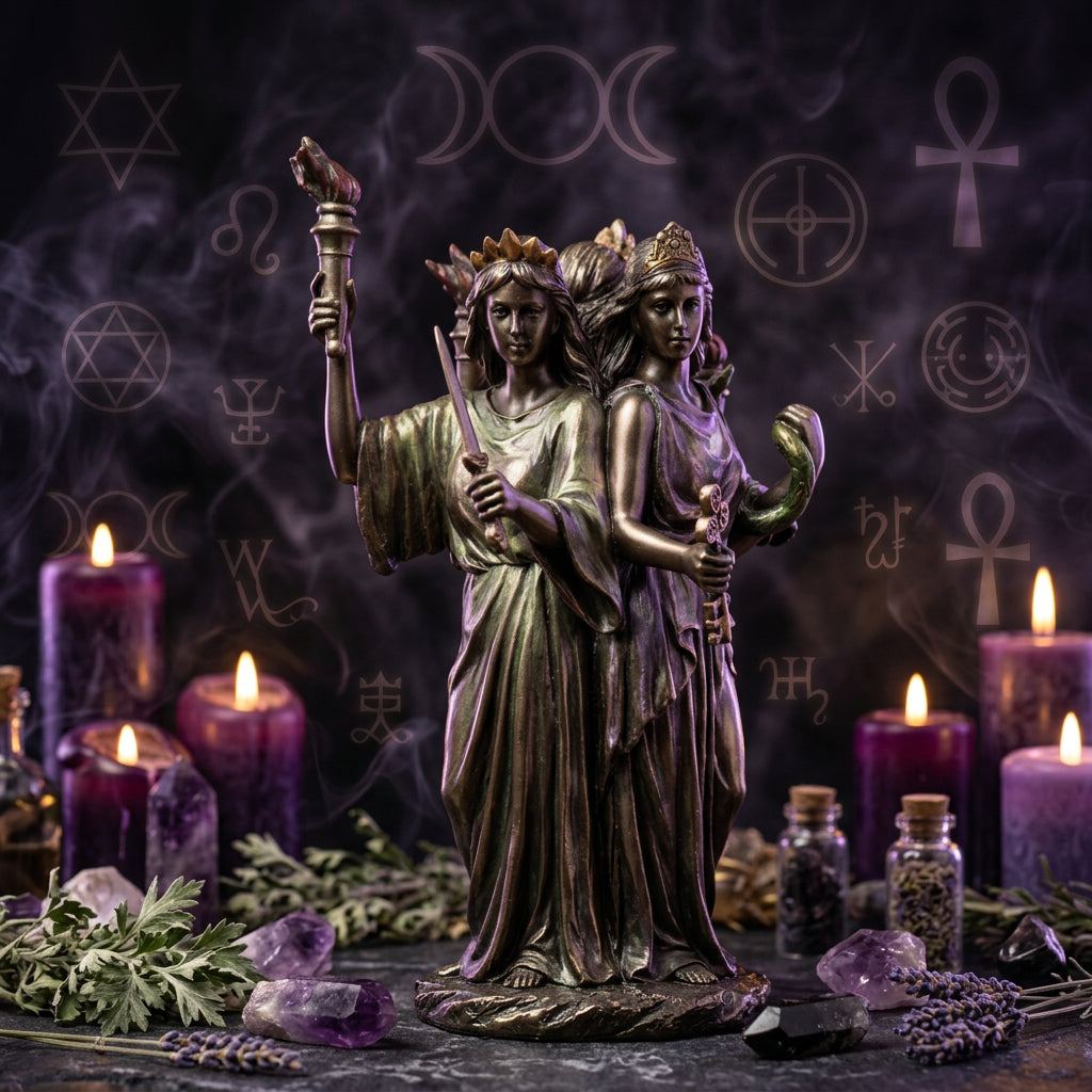 A bronze-finished statue depicting two classical female figures standing back-to-back, one holding a torch and the other a sword, with a snake at the side, shown against a plain white background.