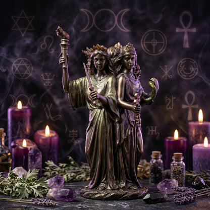 A bronze-finished statue depicting two classical female figures standing back-to-back, one holding a torch and the other a sword, with a snake at the side, shown against a plain white background.