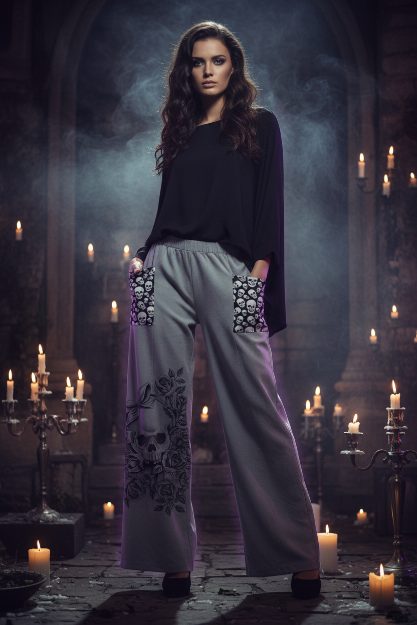 Boho Wide-Leg Women's Trousers with Skull Print Sorceress Sanctuary