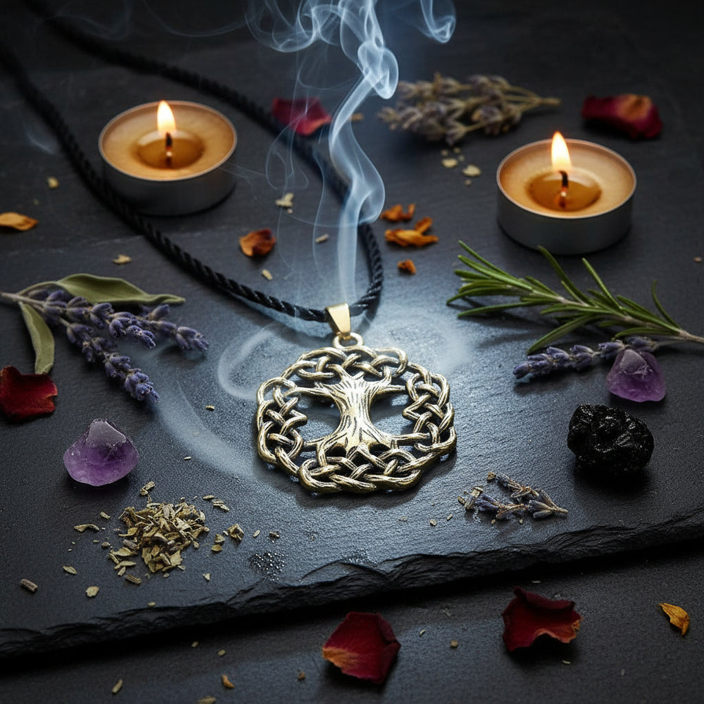 A Celtic knot Tree of Life pendant necklace with an antique gold finish, suspended on a black braided cord, displayed on a rustic wood slice background.