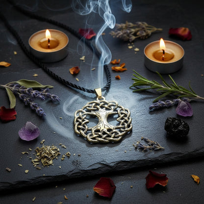 A Celtic knot Tree of Life pendant necklace with an antique gold finish, suspended on a black braided cord, displayed on a rustic wood slice background.
